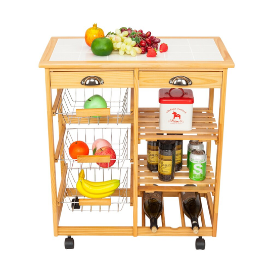 Wood/Tile 2-drawer Storage Kitchen/ Dining Room Cart with Wheels