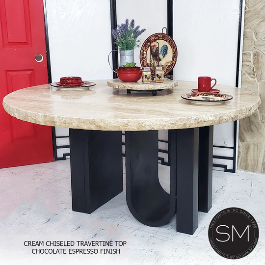 Round Dining Table | Travertine Genuine Stone Top With Metal Base Legs - 1258Dt