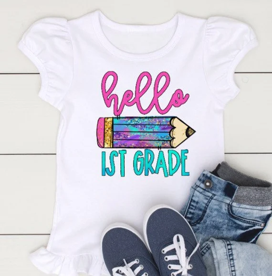 Hello Grade Pencil Transfer-Htv Diy Tshirt Transfer-Ready To Press-Patterned Vinyl - First - Second - Third - Fourth - Fifth-Back School