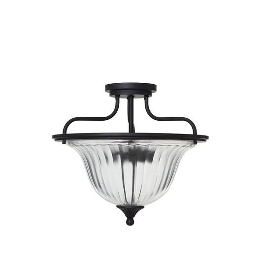 2-Light Ribbed Glass Semi-Flush Mount Ceiling Light with LED bulb - 15x15x13