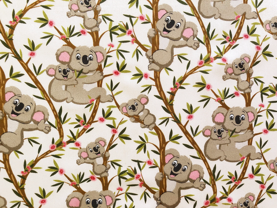 Koala Mum & Baby in The Gum Tree Cream Floral Quilting Cotton Fabric By 1/2 Yard Or Fat Quarter, Australian Bush Animal