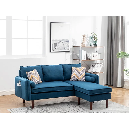 Mia Blue Linen Fabric Sectional Sofa with USB Charger