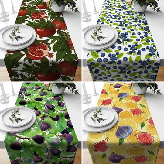 Fruits Table Runner, Fig Kitchen Colorful Summer Tablecloth, Floral Decor, Housewarming Gift, Dining Room Decor