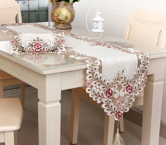 Embroidered Floral Table Runner Waterproof Oil Tablecloths Long Dinner Cover Pink Polyester Home Decor European Victorian Style