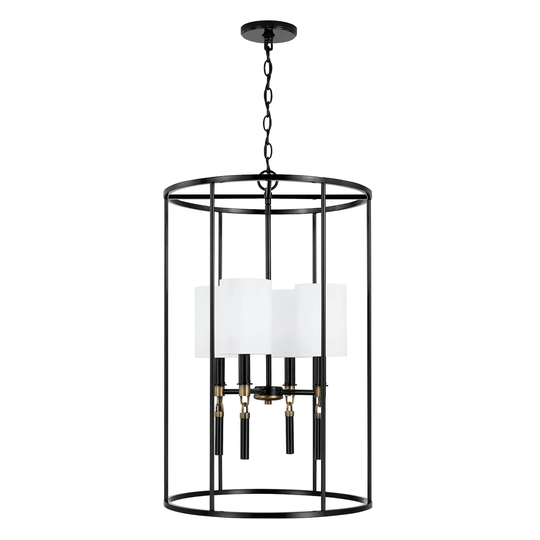 Beckham 18.5" 4-light Glossy Black/ Aged Brass Cage Foyer Pendant w/ White Fabric Stay-Straight Shades