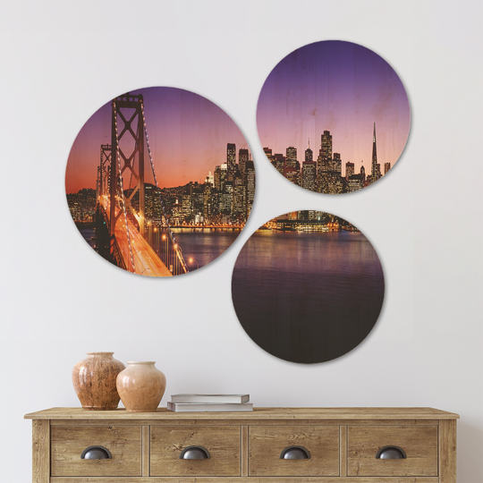 Designart 'San Francisco skyline and Bay Bridge' Sea Bridge Wood Wall Art Set of 3 Circles - Multi-Color