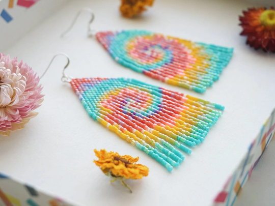 Woodstock | Colorful Tie-Dye Fringe Earrings Sterling Silver Earwires Handwoven Slow-Made Boho Jewelry Unique Gift For Her