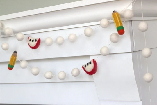 Back To School Pencil & Apple Banner - White Felt Balls - First Day School - Classroom Decor - 1" Balls, 2" Apples, 2.75" Pencils