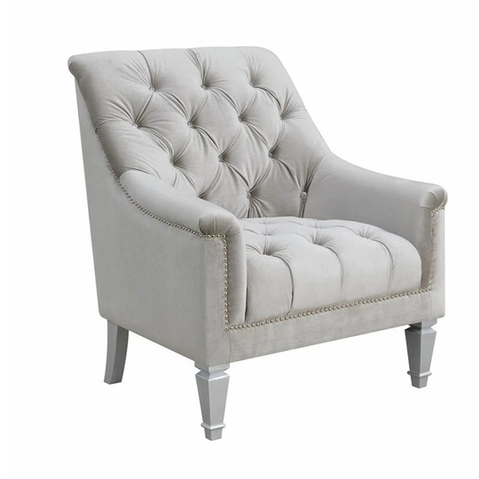Velvet Upholstered Chair with Rhinestone Button Tufting, Gray