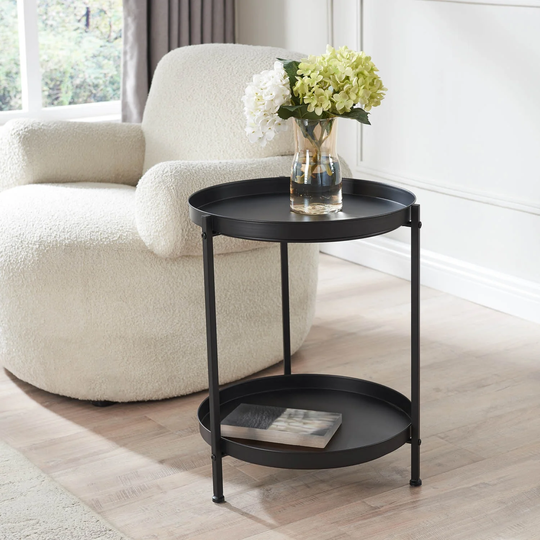 Double Decker 16" Round Black Metal 2 Tier Accent Table