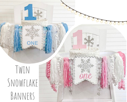 Twin Snowflake Birthday High Chair Yarn Tassel Banner, Cake Smash Backdrop First Birthday, Topper