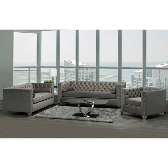 Hank Modern Grey Velvet Tufted Nailhead Sofa, Loveseat and Chair - Natural