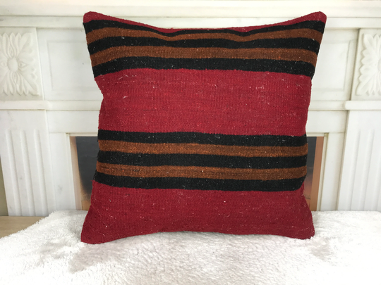 20x20 Inches Pillow, Kilim Sofa Natural Wool Bench Red Woven Pillowcase, Decorative Bedroom 3348