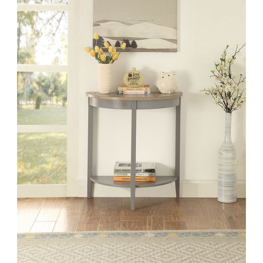 Half Moon Console Table Console Table in Gray Oak & Gray Bottom Shelf Wooden Square Leg and Wooden Frame