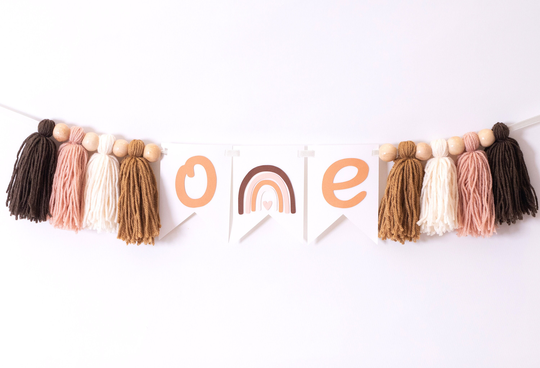 Boho Rainbow High Chair Banner, Tassel Garland, Wood Bead First Birthday Decorations, Highchair