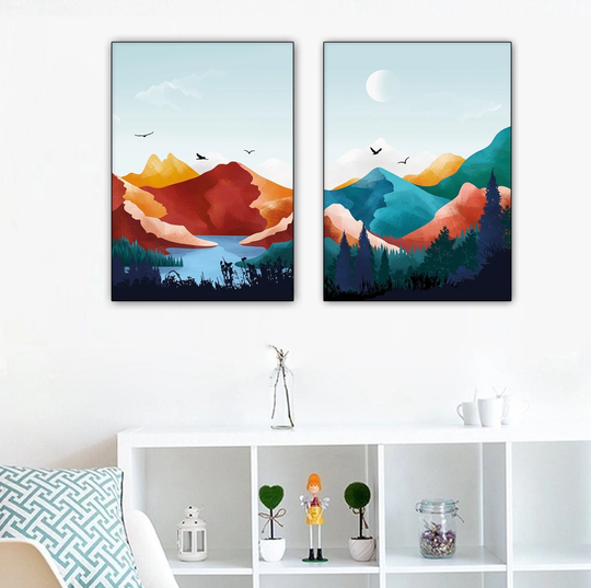 Set Of 2 Colorful Abstract Mountains. Vibrant Mountain Print Scandinavian Wall Art, Nordic Landscape Print