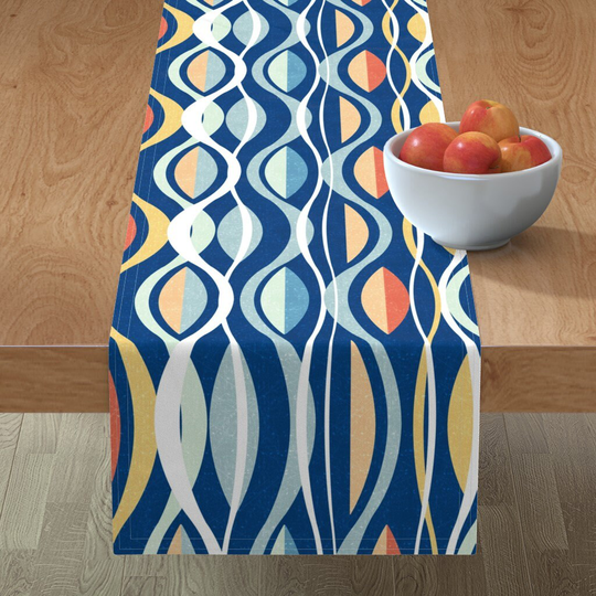 Abstract Surf Table Runner - Malibu Air By Chicca Besso Vintage Inspired Retro Hawaii Blue Coral Cotton Sateen Spoonflower