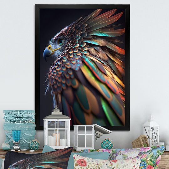 Designart 'Macro Colorful Feather Eagle I' Animals Framed Art Print