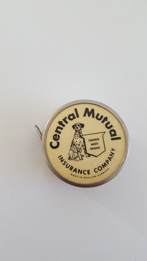 Vintage Circa 1945-1949 Advertising Cloth Retractable Tape Measure Central Mutual Insurance Fixtures 48" Steel 40" Western Zone Germany