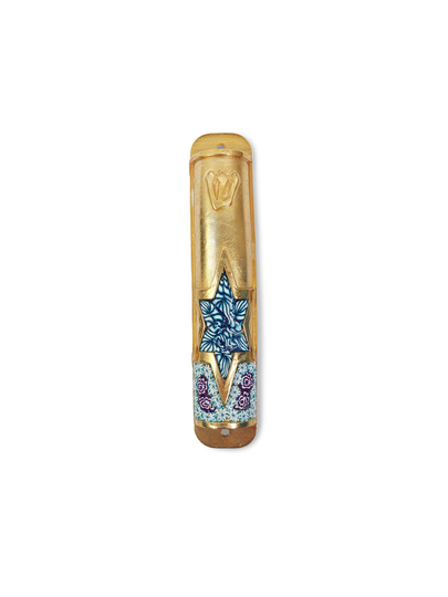 star Of David Gold Color Mezuzah Case With Colored Leaves Made Pewter & Polymer Clay, Judaica For New House, Jewish Housewarming Gift