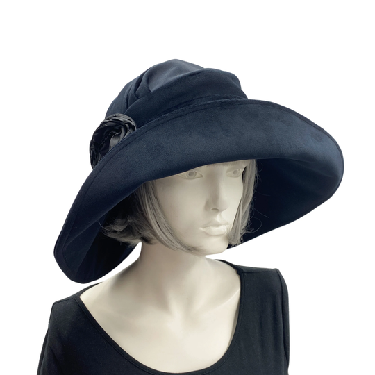 Velvet Cloche Hat, Wide Brim Hat Women, With Satin Rose Brooch, Lined Winter Handmade Usa