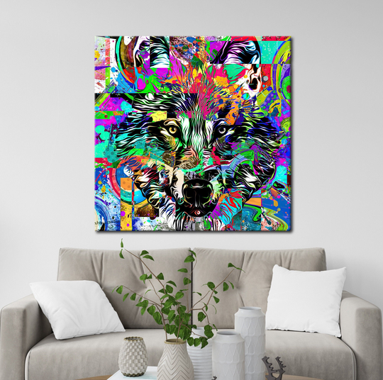 Black Wolf Drawing, Colorful Background, Canvas Design, Abstract, Graffiti Pattern, Vivid Colors, Paint Splashes, Mighty Wolf, Wall Art