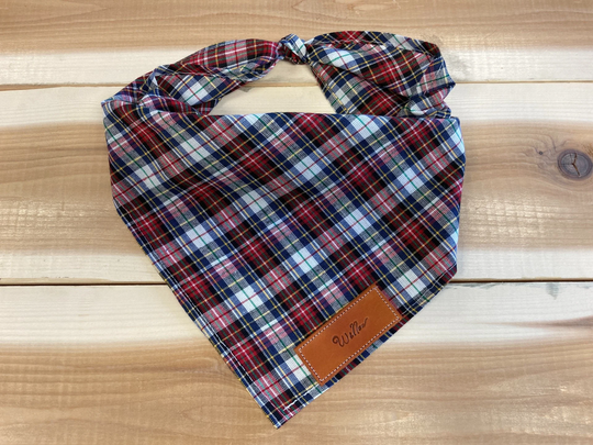 Dog Bandanas, Red White Multi Tartan Plaid, Bandana, Traditional Tie, Personalized Leather Name Tag Bandanna, Bandana Over Collar