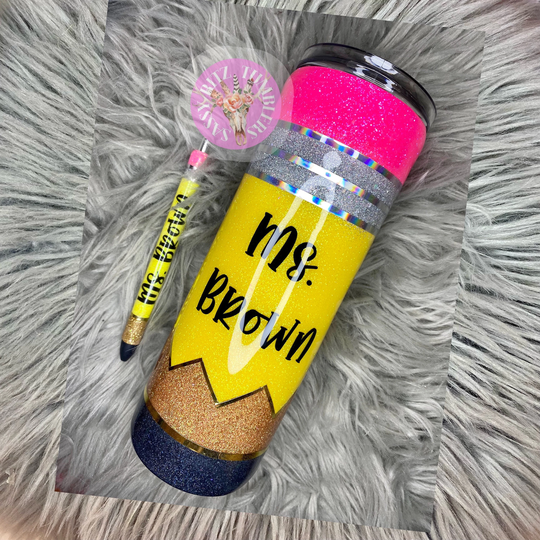 Pencil Tumblers || Glitter Custom Tumbler Teacher Appreciation Gift 20Oz Set, & Pen
