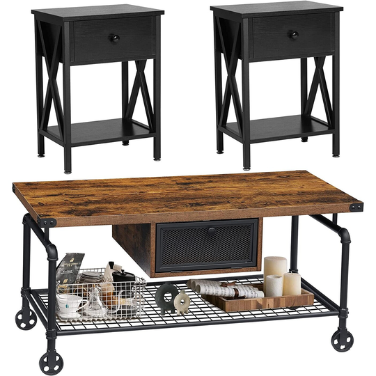 Coffee Table Set of 3,Brown Coffee Table and End Table Set of 2