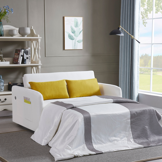 Loveseat Couches Polyester Upholstered with Pull out Twins Multifunctional Sofa Bed with Left Arm Usb Socket and Two Pillows