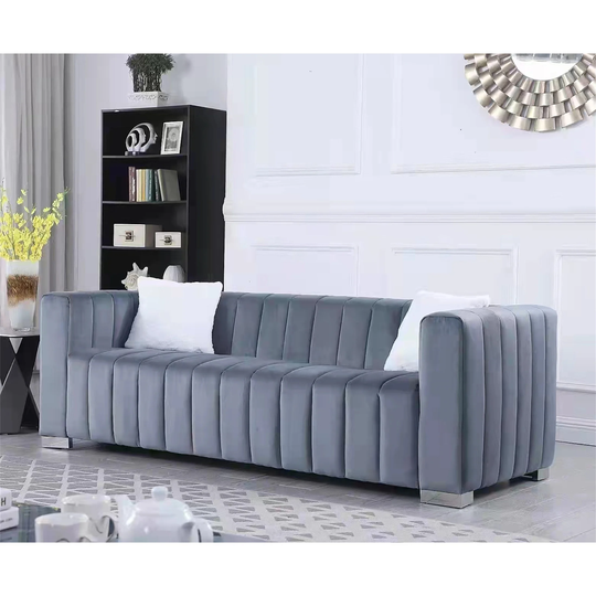 Sofa Modern Style Velvet Sofa with 2 Pillows for Living Room Grey