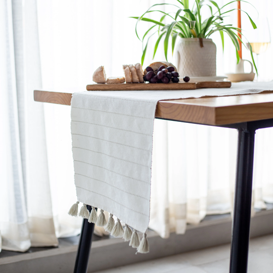 Folkulture Table Runners With Tassels For Home Dining Table, Kitchen Linen Spring, Coffee Runner Living Room, White