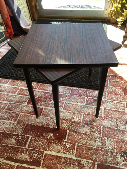 Mid Century Pair Of Nesting Tables With Dark Brown Table Top Finish Atomic Wooden Legs