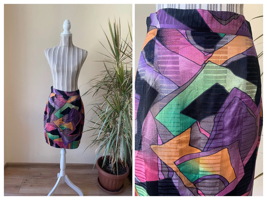 Psychedelic Colorful Silk Blend Pencil Skirt For Women, Vintage 80S Multi Color Above The Knee Skirt, Pink Purple High Waist Size M
