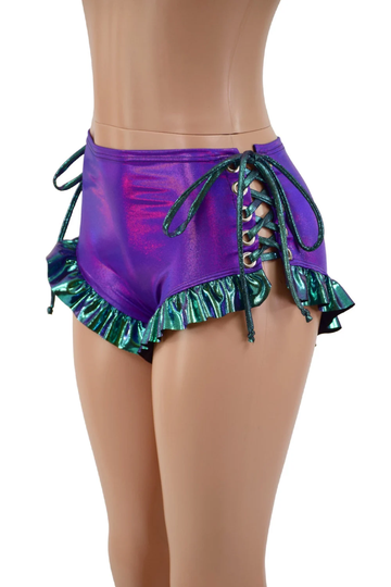 Grape Holographic Siren Shorts With Scarab Ruffled Legs & Laceups At Both Hips. Ties in 157675