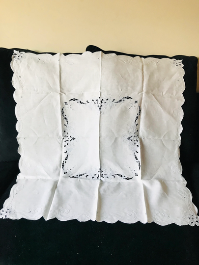 Embroidered Linen White Table Top, Tablecloth, Floral Cover, 34"x 33"