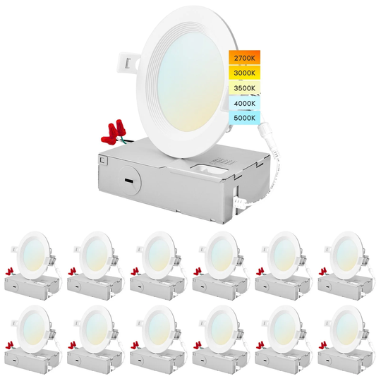 Luxrite 12 Pack 4" Ultra Thin LED Recessed Light J-Box 10.5W 5 Color Options Dimmable 750 Lumens Baffle IC Rated