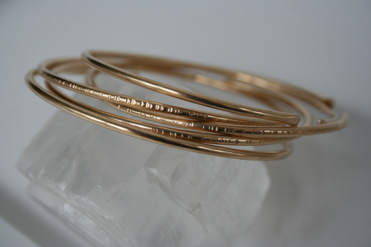 Gold Filled Cuff Bracelets, Hammered Open Bangles, Stackable Bracelet Set, Set Of Five, 14K Yellow Gold Filled