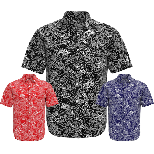 Dragon Wave Ocean Black White Red Blue Pattern Mystical Oriental Magic Tattoo Short Sleeve Button Shirt