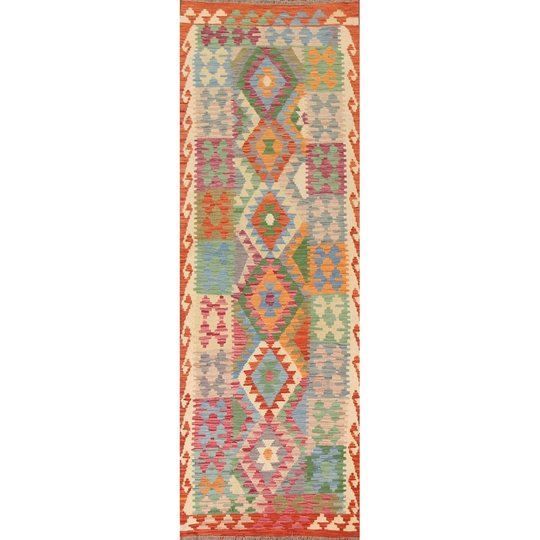 Geometric Kilim Multi-Color Runner Rug Hand-woven Wool Carpet - 2'11"x 9'11"