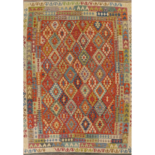 Multi-Color Reversible Kilim Area Rug Hand-woven Geometric Wool Carpet - 8'7" x 11'0"