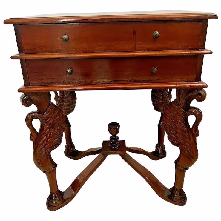 Side Table Gothic Style Carved Swan Legs With Ball Claw Feet Two Drawers
