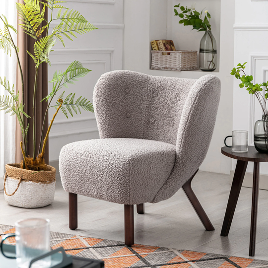 Modern Lambskin Sherpa Wingback Tufted Side Chair with Solid Wood Legs