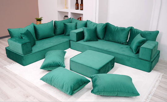 8" Thickness Velvet L Shaped Floor Seating Couch, Moroccan Livingroom Sofas, Arabic Emerald Green Luxury Velvet
