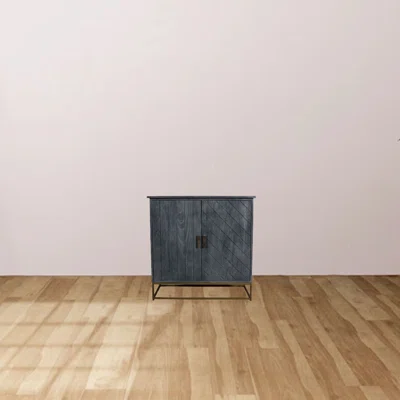 34 Inch Plank Design 2 Door Mango Wood Sideboard Storage Cabinet, Rustic Bronze Metal Frame, Gray