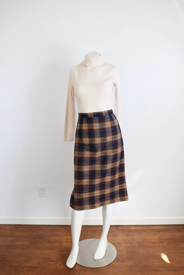 1950S Navy Plaid Pencil Skirt - Xs