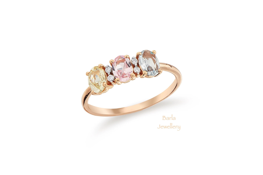 Colored Sapphire Ring, 14K Gold & Diamond Unique Stackable Genuine Jewelry, For Her