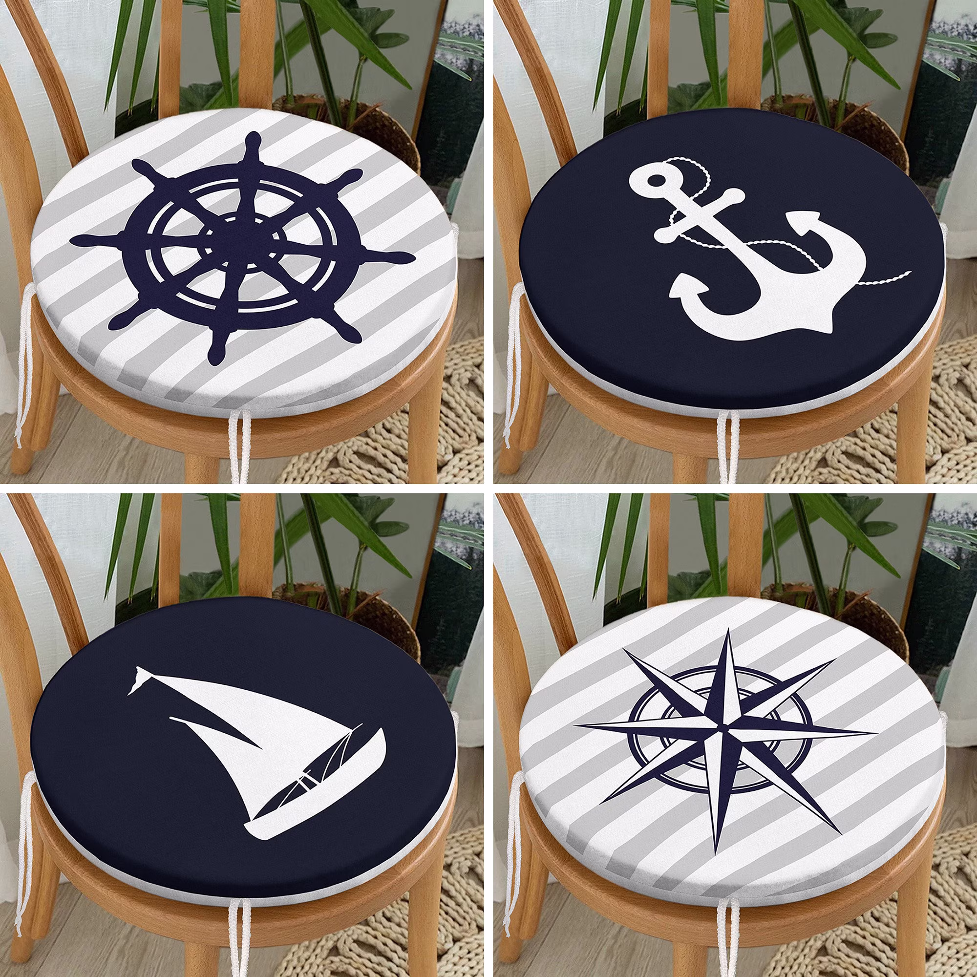 Set Of 4 Round Chair, Stool Cushion|Navy Blue Seat Pad With Ties|Anchor Wheel Compass Sailing Boat Chair Pad|Coastal Outdoor Cushion