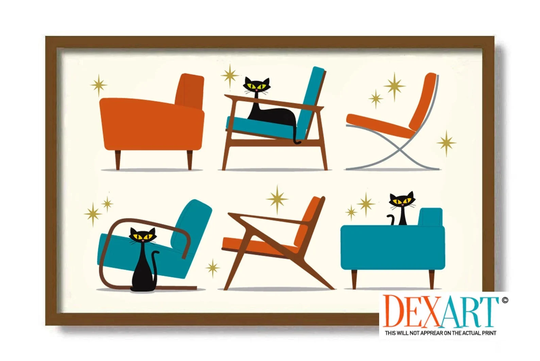 Mid Century Modern Wall Art Print, Chair Collection, Cat Lover Gift, Atomic Cat, Danish Modern, Black Art, Living Room