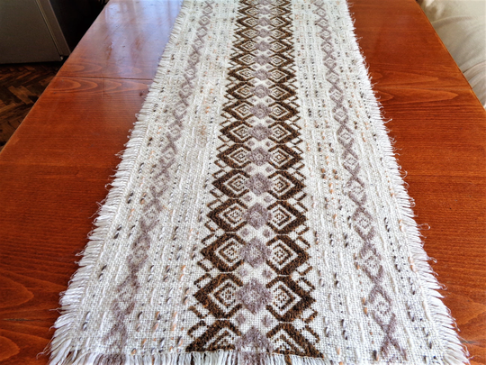 Vintage Swedish Long Embroidered Table Runner, Double Sided Off White Brown Scarf